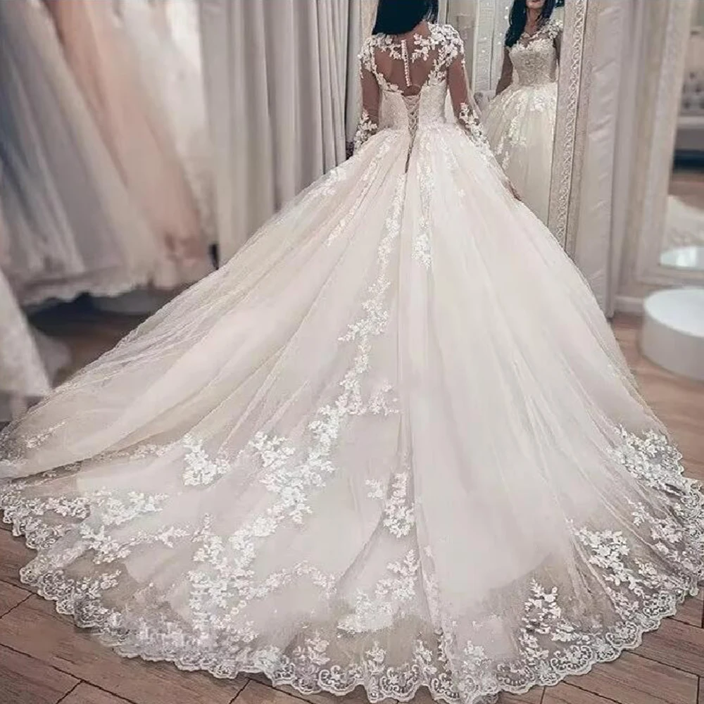 Vestidos de novia con apliques de encaje brillante, vestidos de novia personalizados de manga larga con apliques de encaje, ropa Formal para fiesta de graduación para mujer 2025