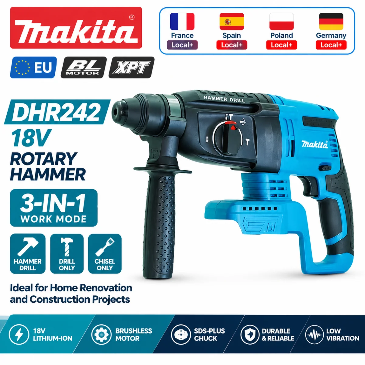 Trapano a percussione rotante senza fili Makita DHR242 con batteria al litio, 26 mm, motore brushless da 18 V, utensile elettrico per lavori pesanti in ambito edilizio.