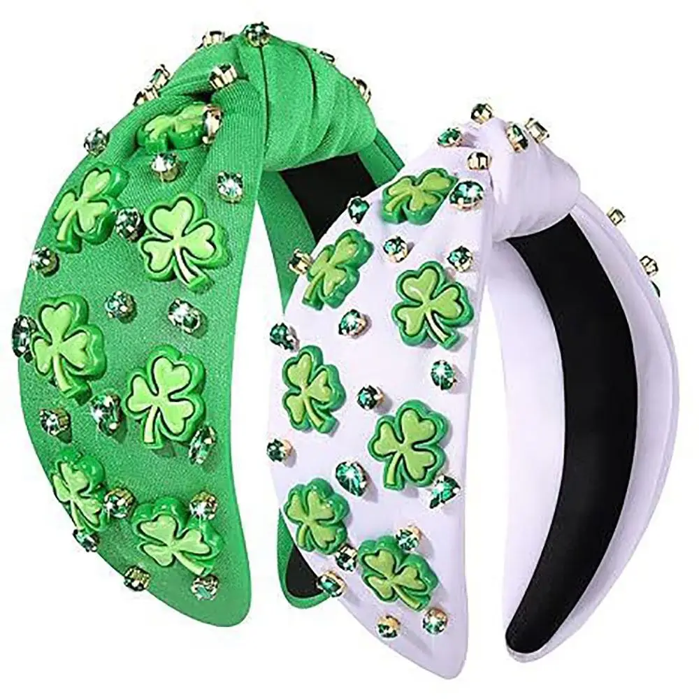 

Cute Green Hair Bands Rhinestone Clover Headbands Knot Wide Edge Hair Accessories St. Patrick's Day
