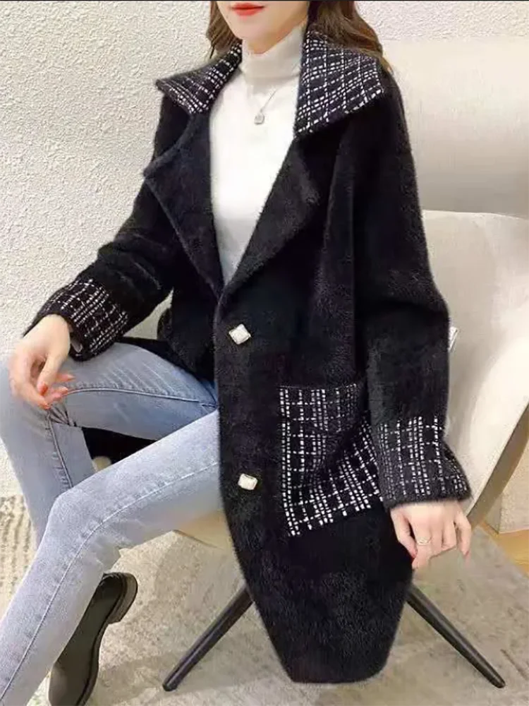 Chic Woolen Coat Women's Overcoat Fashion Suit Collar Loose Mid-Length Mink Fleece Coat Autumn Winter New Korean Warm Jacket