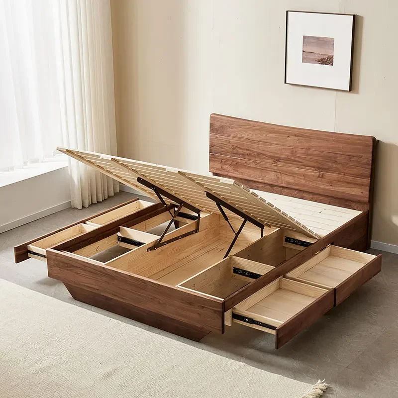 All solid wood bed, modern simple mortise and tenon structure queen bed, master bedroom, black walnut pure wood high box