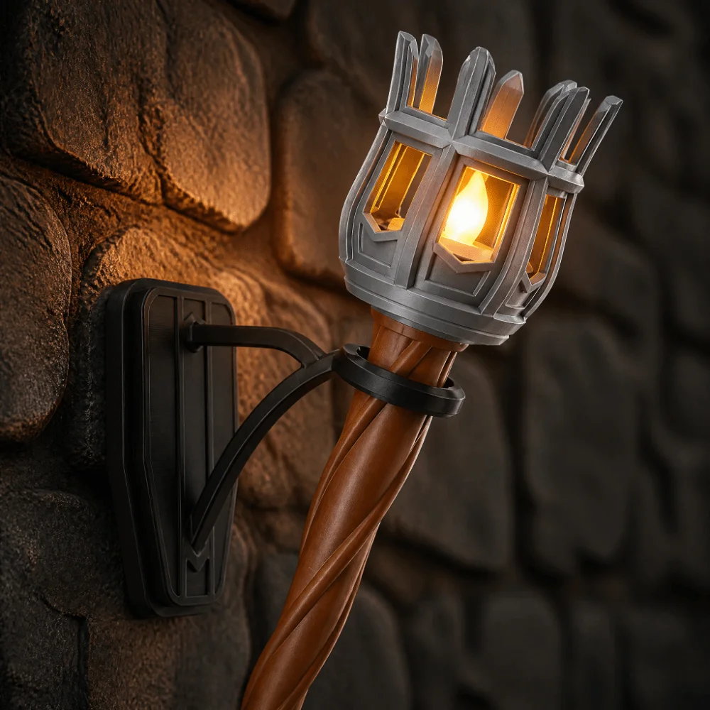 Vintage Medieval Torch Wall Lamp Dual Torch 3D Print Fake Torch Wall Sconce Castle Style Fantasy Theme Retro Wall Craft Lamp