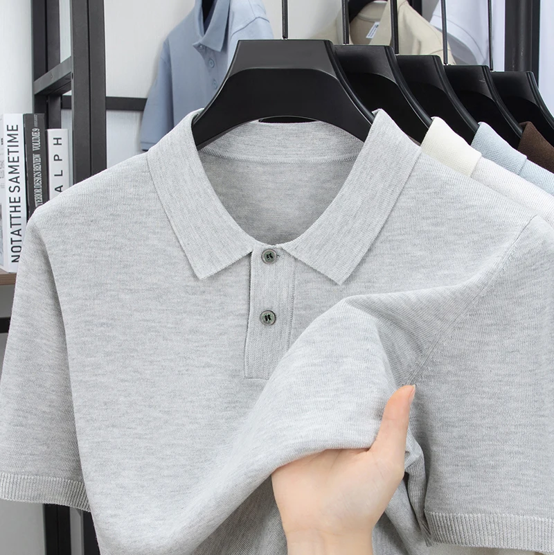 

High Quality Breathable Linen Knitting Polo 2026 Summer Men Simple Solid Knit Tops Lyocell Short Sleeve Knitwear Pullover Shirts