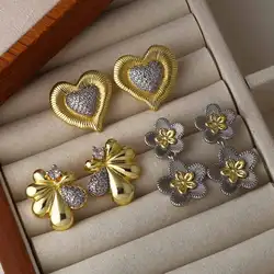 FLOLA Dainty Gold Silver Color Flower Earrings for Women Copper Crystal Heart Ear Studs CZ Jewelry Gifts erst54