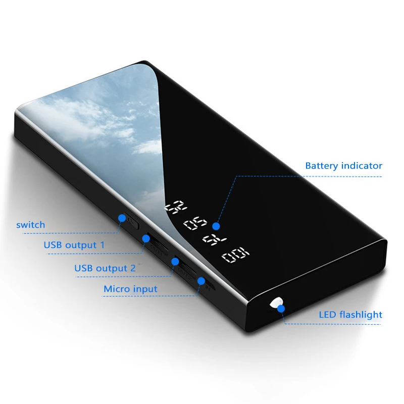 

Portable Power Bank with 2USB Mirror, 10000mAh, Spare Battery Charger for iPhone 15, 14, 13, 12, Xiaomi 14, Huawei