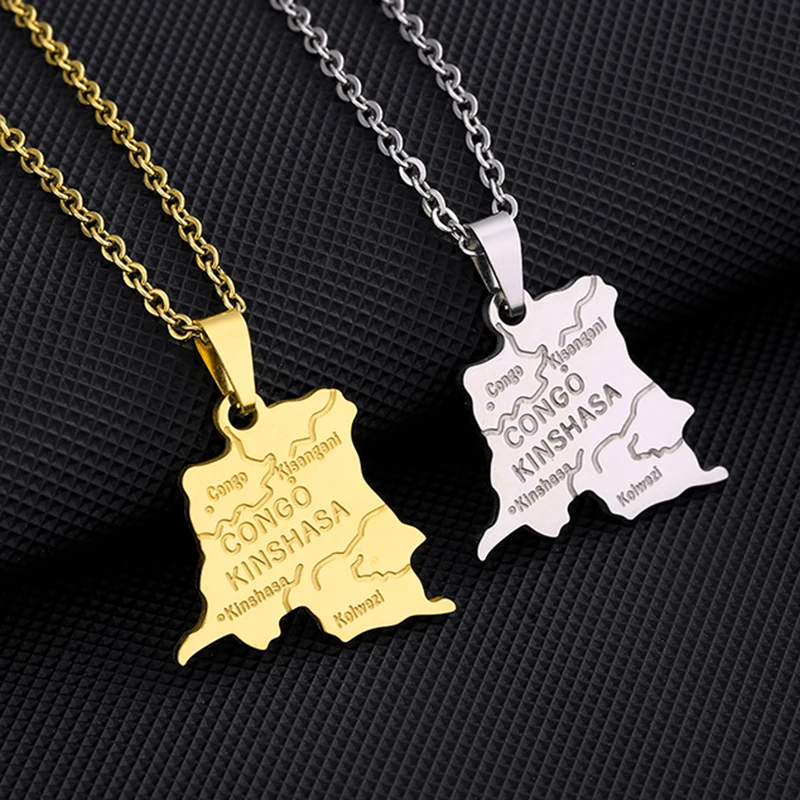 Democratic Republic of the Congo Map With Cities Pendant Necklaces Gold Color DRC Kinshasa Stainless Steel Jewelry For Women