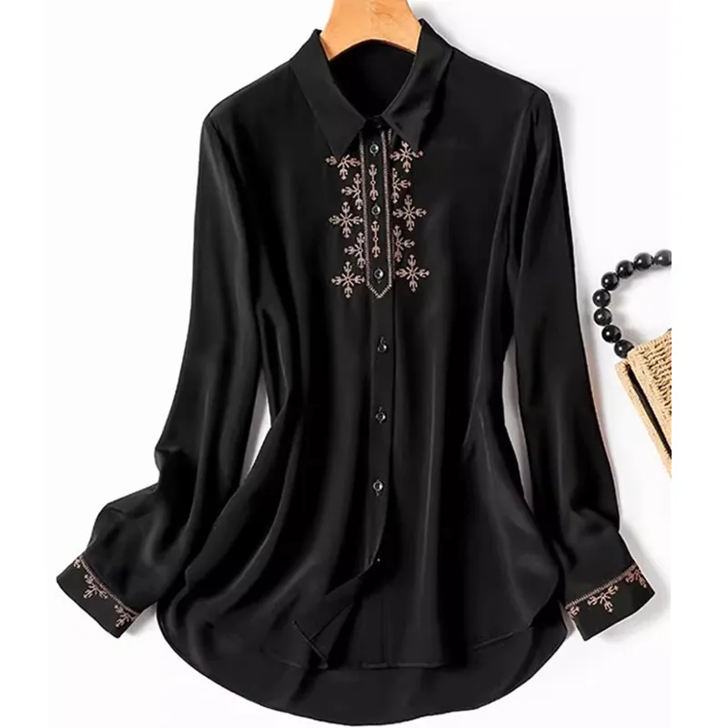 Women\'s Long Sleeve Shirt, Imitation Silk Shirt, Summer Shirts & Blouses Embroidery Shirt, Fashion Blouse, Spring Summer