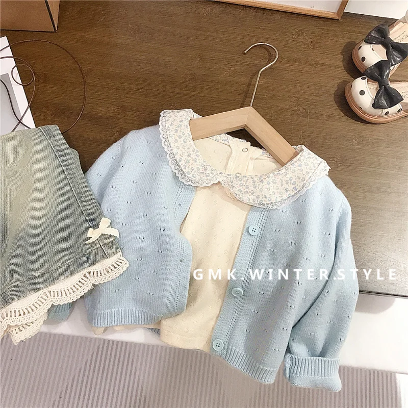 

Girls' Autumn Knitted Cardigan Baby Girl Turn-Down Collar Base Shirt Children's Lace Jeans Spring Autumn