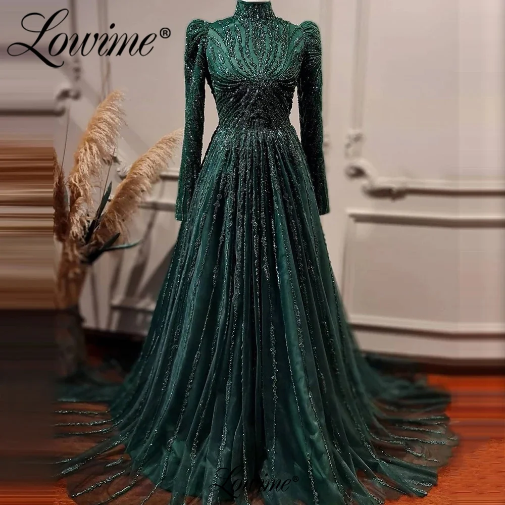 Green Muslim Dubai Formal Party Dress Long Sleeves Beaded Crystals Arabic Evening Gowns 2023 Plus Size Prom Dresses Customized