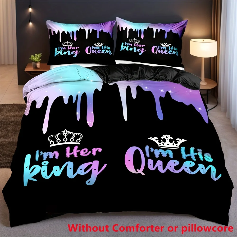 

2/3pcs Crown King & Queen Letter Print Duvet Cover Set (1 Duvet Cover + 1/2 Pillowcase, Without Core), Soft Comfortable Couple