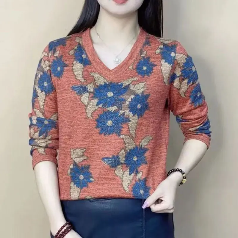 Stylish Floral Printed Pullovers Casual V-Neck Women's Clothing Chic Diamonds Spring Autumn Long Sleeve Vintage Loose T-shirt