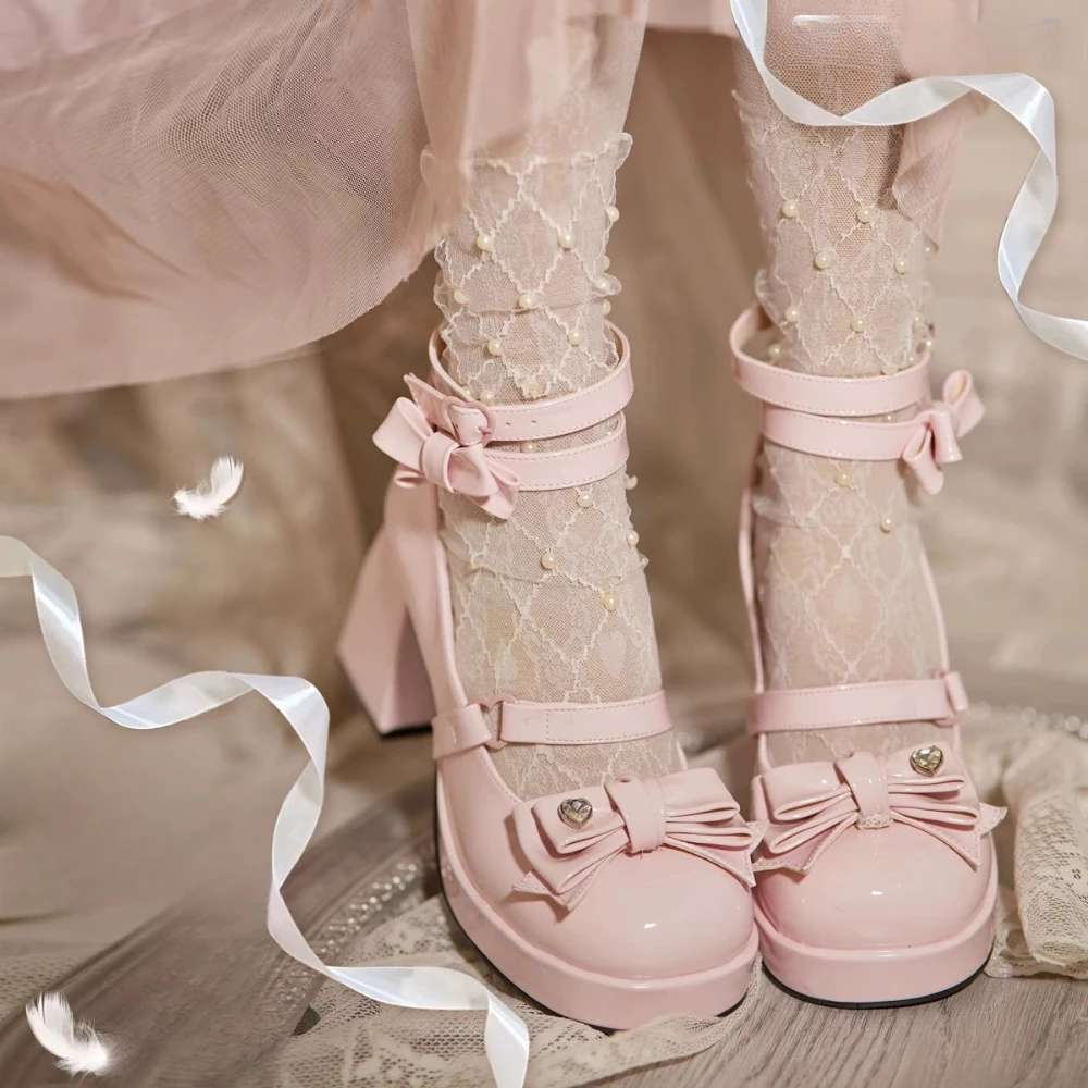 أحذية لوليتا الحلوة الوردي Kawaii القوس الكعوب الفتيات منصة الفتيات أحذية واحدة الصيف كعب عالي مكتنز مضخات الأصلي #3