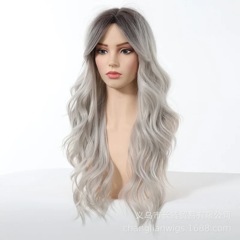 European and American Christmas wig, silver-white wavy long curly hair with bangs, high-temperature fiber full headpiece for wom