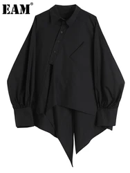 EAM-Chemisier noir irrégulier à manches longues pour femme, chemise à revers, coupe adt, mode marée, printemps, été, nouveau, 1DE0299, 2024