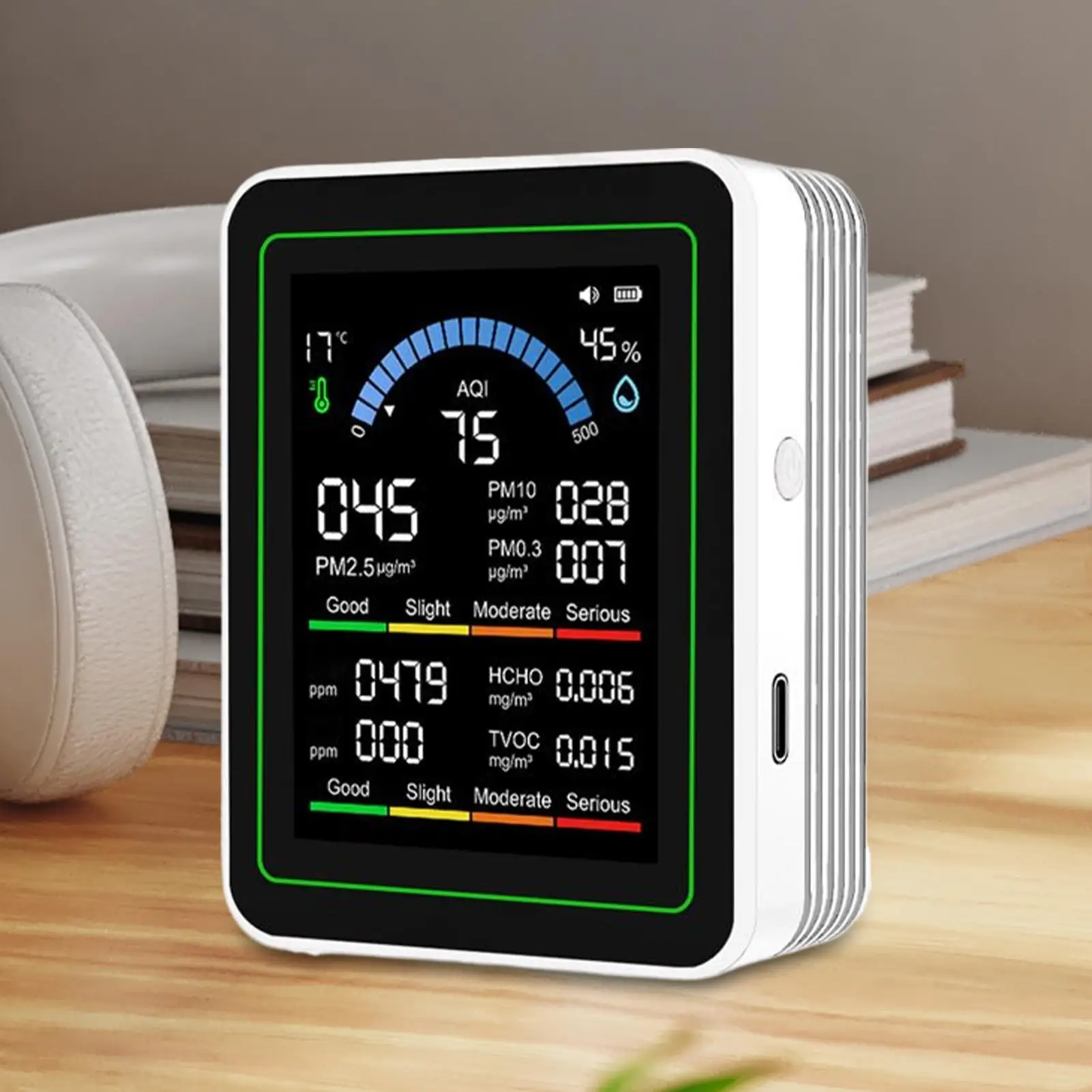 مراقبة جودة الهواء المحمولة كاشف الهواء الداخلي جهاز اختبار الجودة المحمولة جهاز قياس الاستشعار لغرفة النوم مكتب المنزل