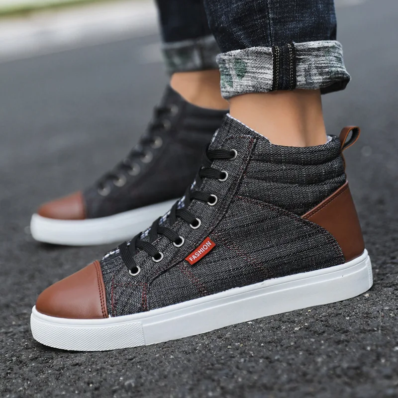 Classic Denim Men's Boots Designer High-Top Canvas Shoes for Men Fashion Lace Up Sneakers British Style Men Ankle Boots 2024 New