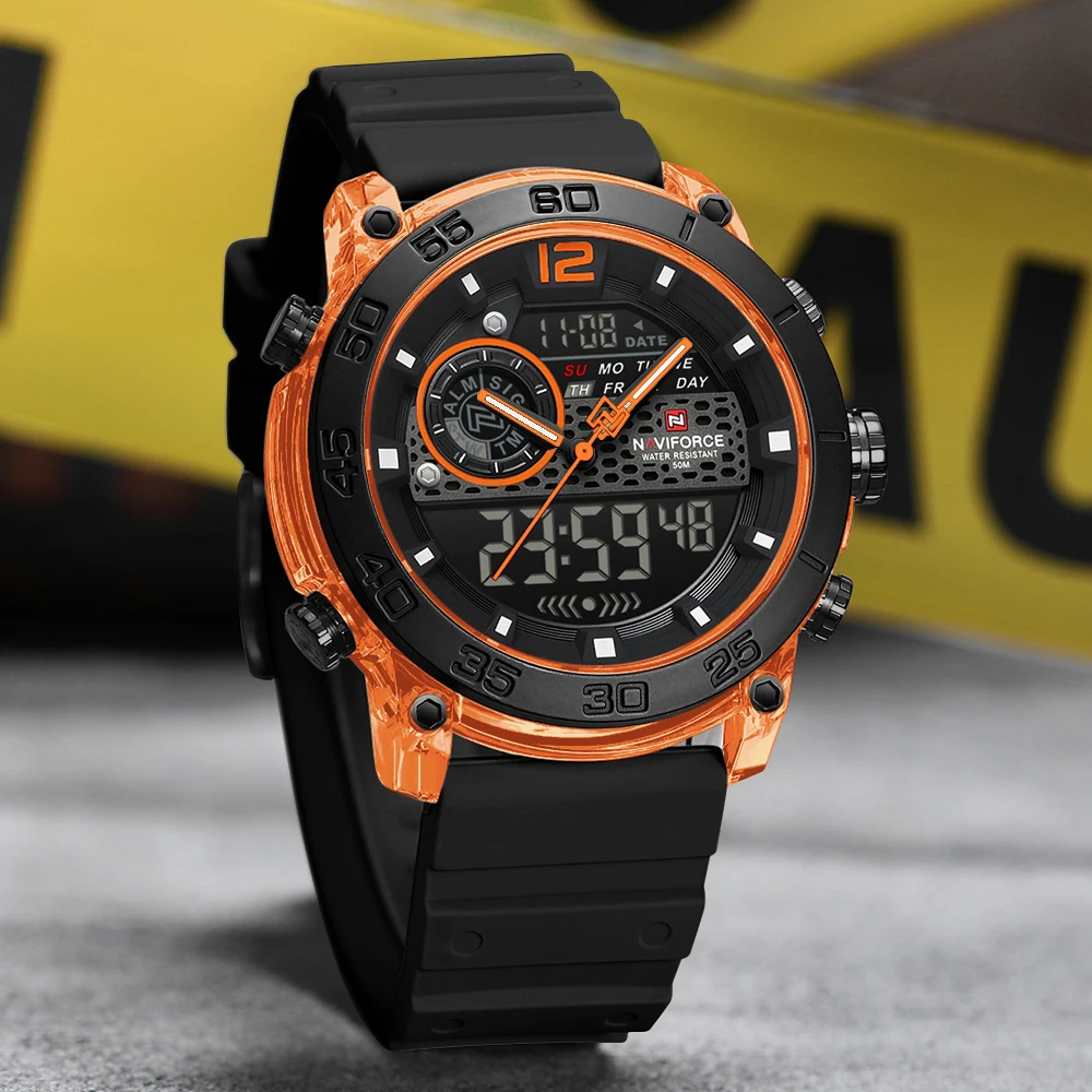 NAVIFORCE Top Brand Men Wrist Watch Green Leather Band High Quality Quartz Watches Sports Waterproof Digital Multifunction Clock