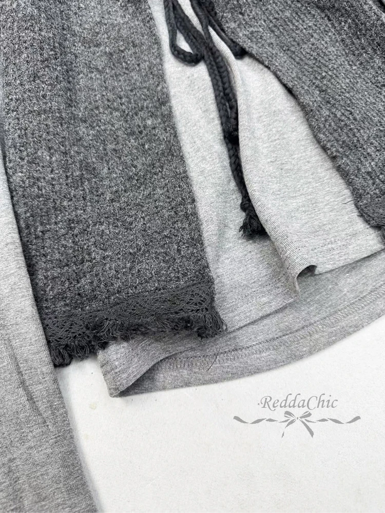 REDDACHiC Puff Sleeve Cardigan Top Two-piece Set Women Korean Gray Bandage Layering Slim T-shirt Cardigan Grunge Fall Clothes view 5