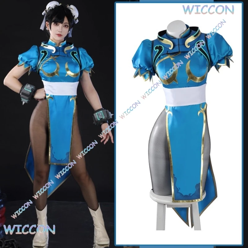 فستان جونو التأثيري زي لعبة SF OW Chunli لعب الأدوار الأزرق تشيباو الزي مجموعة كاملة شعر مستعار الكونغ فو بدلة حفلة الهالوين للمتعة