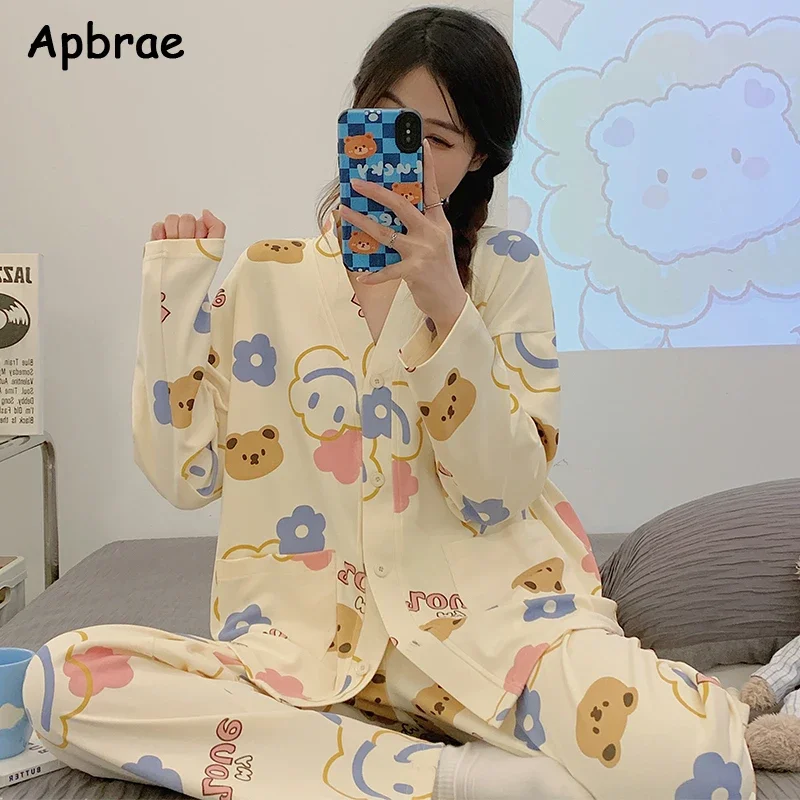 New Pajama Sets for Women Spring Autumn Kawaii Bear Print Pijamas Faux Cotton Cardigan Sleepwear Long Sleeve Japanese Loungewear