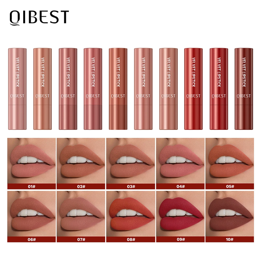 QIBEST Nude Lippenstift, matt, Lipgloss, hochpigmentiertes Make-up, klassischer sexy Lipgloss, antihaftbeschichtet, langlebig, rote Lippentönung, Kosmetik