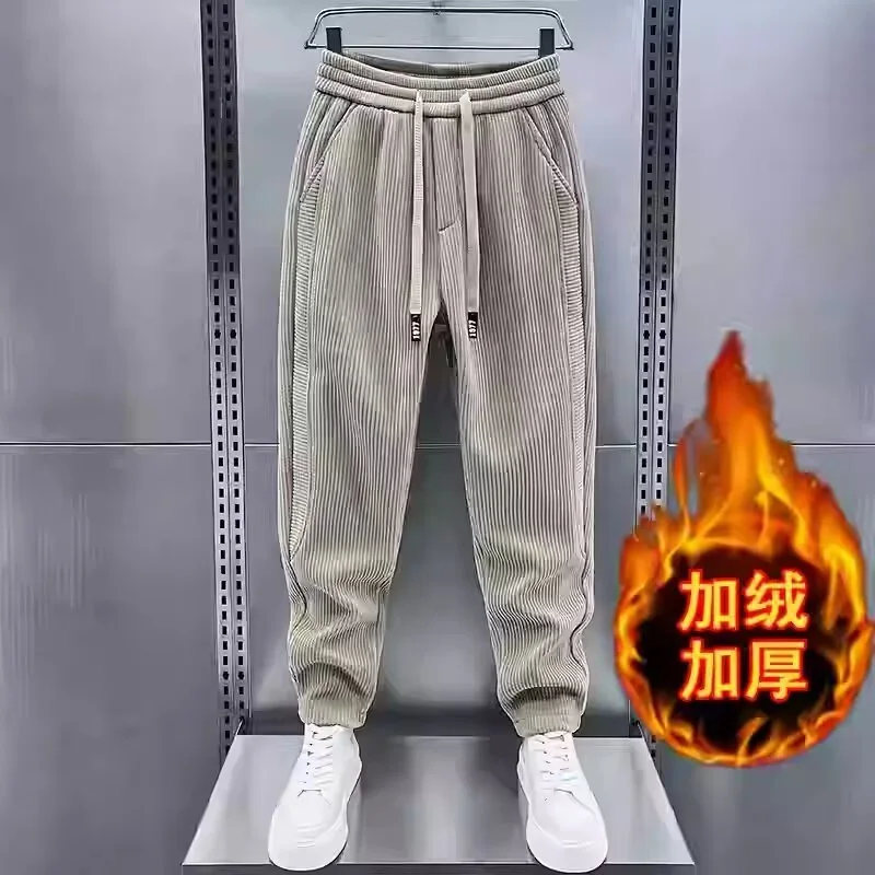 Autumn and Winter Corduroy Trendy All-Matching Fleece-lined Casual Pants Men's Loose Ankle-tied Fashion Hot Stamping Corduroy