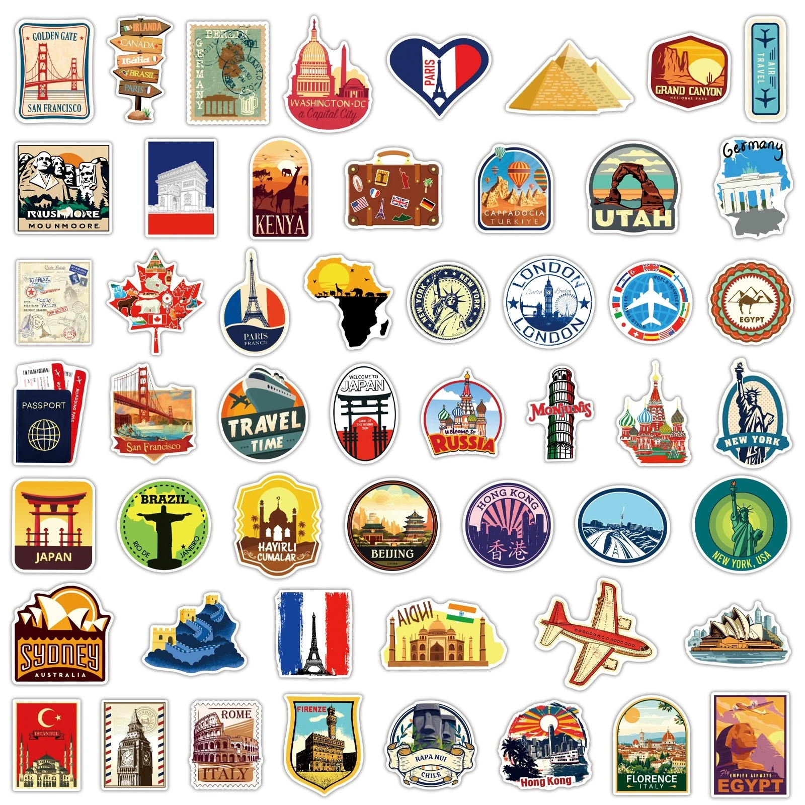 100PCS World Travel Doodle Stickers, Waterproof Vinyl Decals for Scrapbook, Laptop, Guitar, Car, Phone Case, DIY Gift Ideas