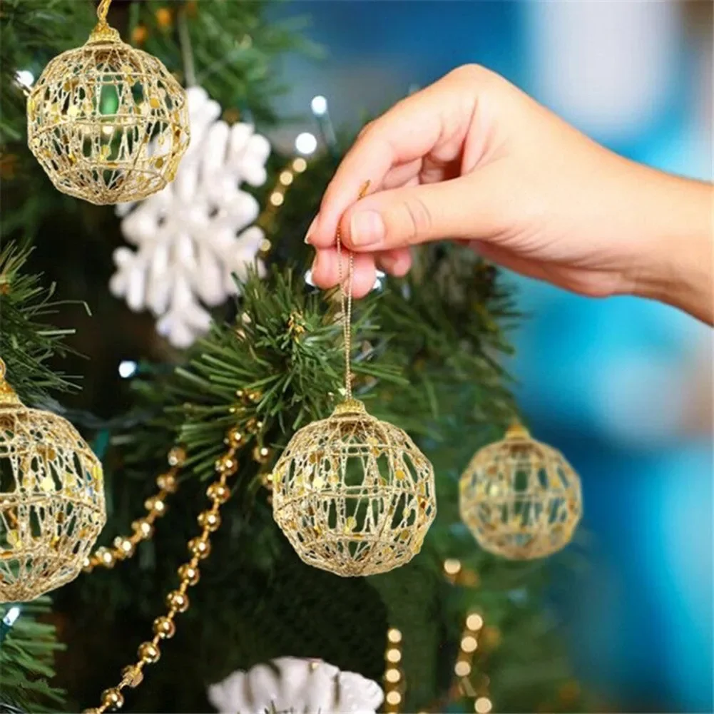 6 PCS Christmas Tree Gold Ball Decorations Glittering Baubles Hanging Pendant For Home Xmas Party Ornament Wire 5 Or 6cm