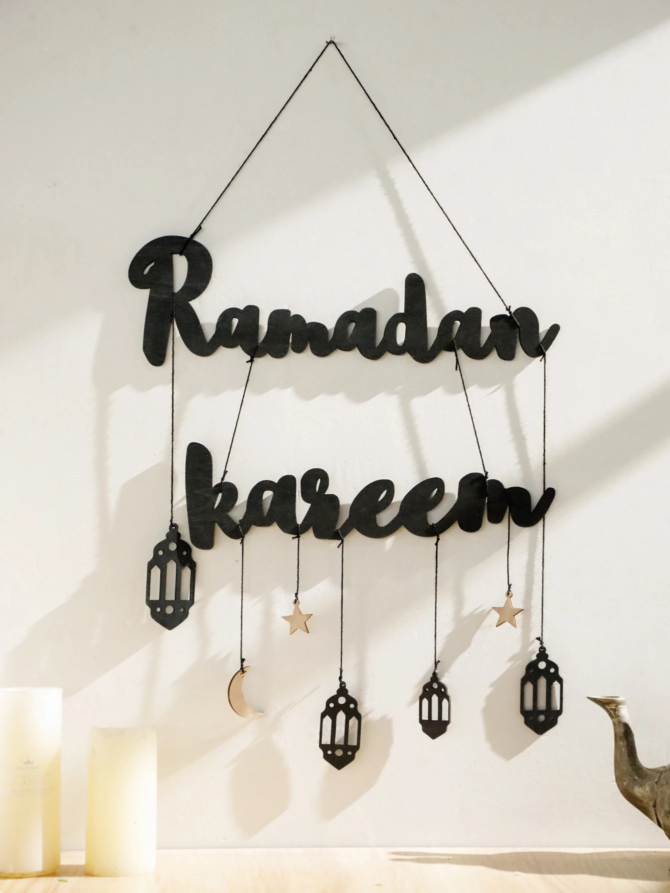 1 Stück Ramadan Kareem Hängeornamente mit 4 Laternen, 1 Mond, 2 Sterne, Holzornamente Eid Mubarak Happy Ramadan Muslim Dekor
