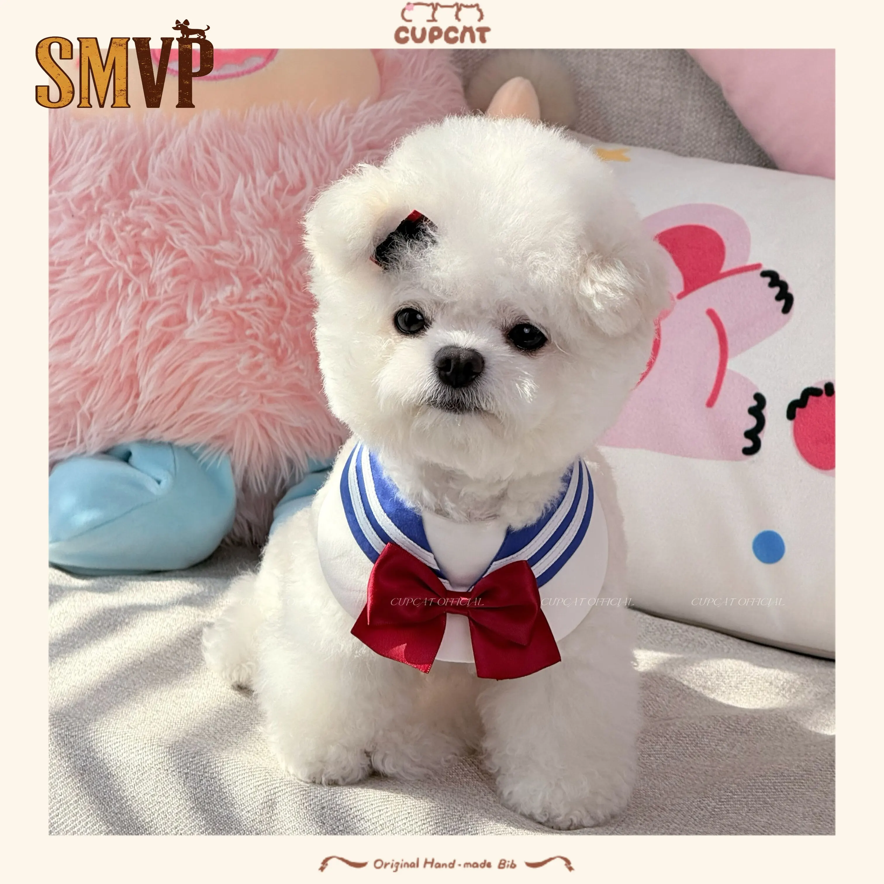 

Japanese Ins College Style Navy Collar Red and Blue Contrasting Color Bow Decoration Pet Kitten Puppy Bib