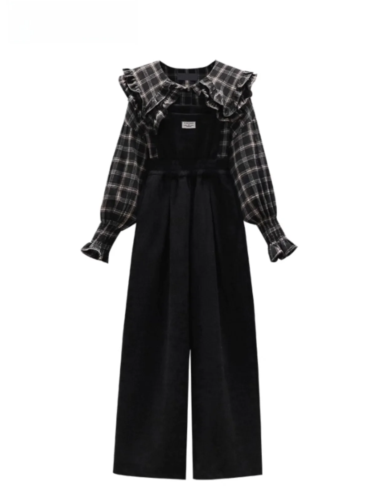 

Faionable Youthful Large Size Set Women's Early Spring Doll Collar Plaid irt Overalls Two Piece Set Commute Regular Sv...