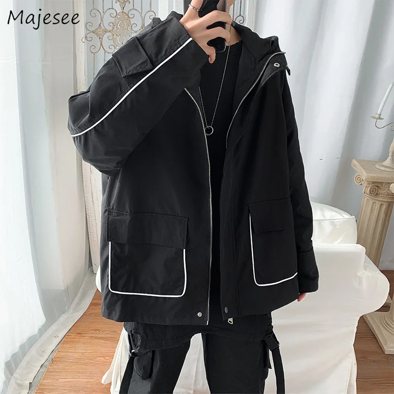 

With Hat Jackets Men Spring Cargo Loose Fashion Hip Hop Outwear Handsome Trendy Students Pockets All-match Solid Simple Harajuku