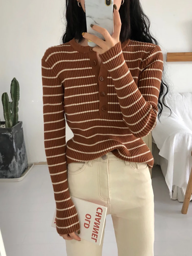 HELIAR Women T-shirts Elegant Stripes Knitted Tees Buttoned Up Long Sleeve Slim Women Knitted T-shirts 2024 Autumn Winter