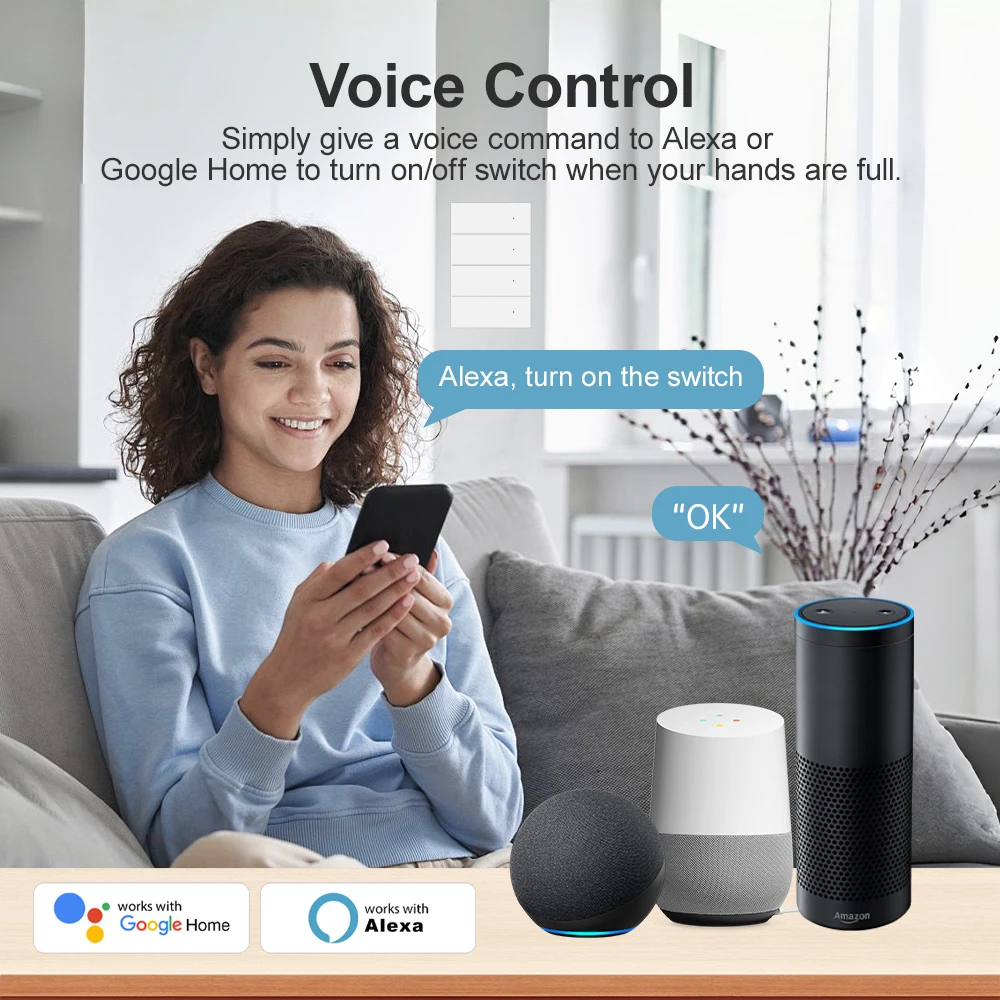 MANHOT Wifi Smart Switch US Push Button Neutral Wire Required Switch 1-4 Gang APP Control Work with Smart Life Alexa Google Home