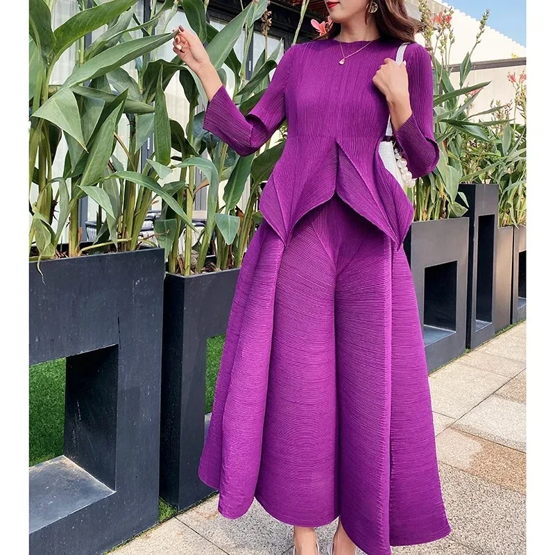 Miyake Pleated Purple Dress Set Flower Bud Pleated Skirt Women\'s Two-piece Set 2024 Autumn/winter New Aesthetic Clothing