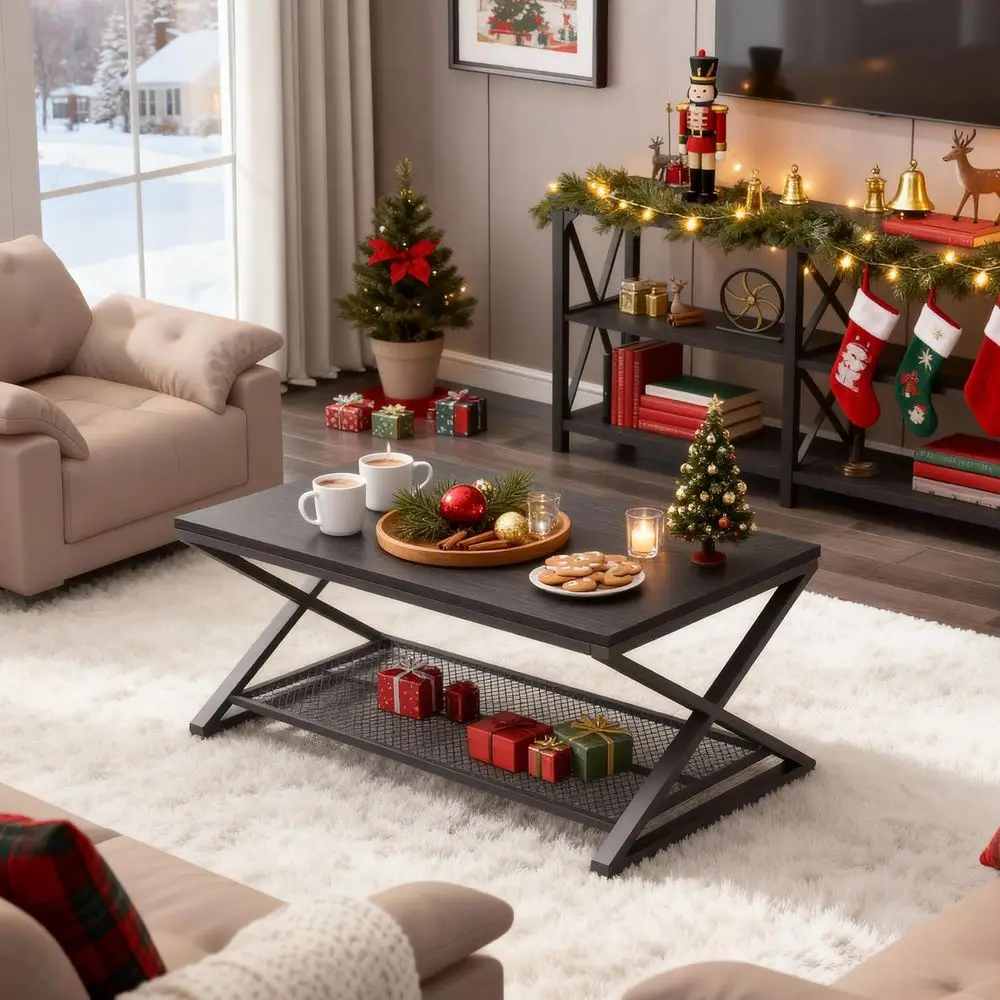 Modern 2-Tier Metal & Wood Coffee Table with Storage, 39 Black Oak Rectangular Center Table for Living Room & Office