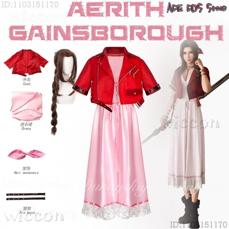 

Halloween Costume Final Fantasy VII FF7 Rebirth Game Aerith Gainsborough Cosplay With Pink Dress Red Jacket Anime Cosplay Clothi