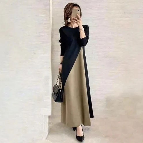 컬러 블록 A라인 미디 드레스 긴 소매 라운드 넥 기본 스커트 봄 여성 우아한 면 폴리에스터 트리아세테이트 섬유