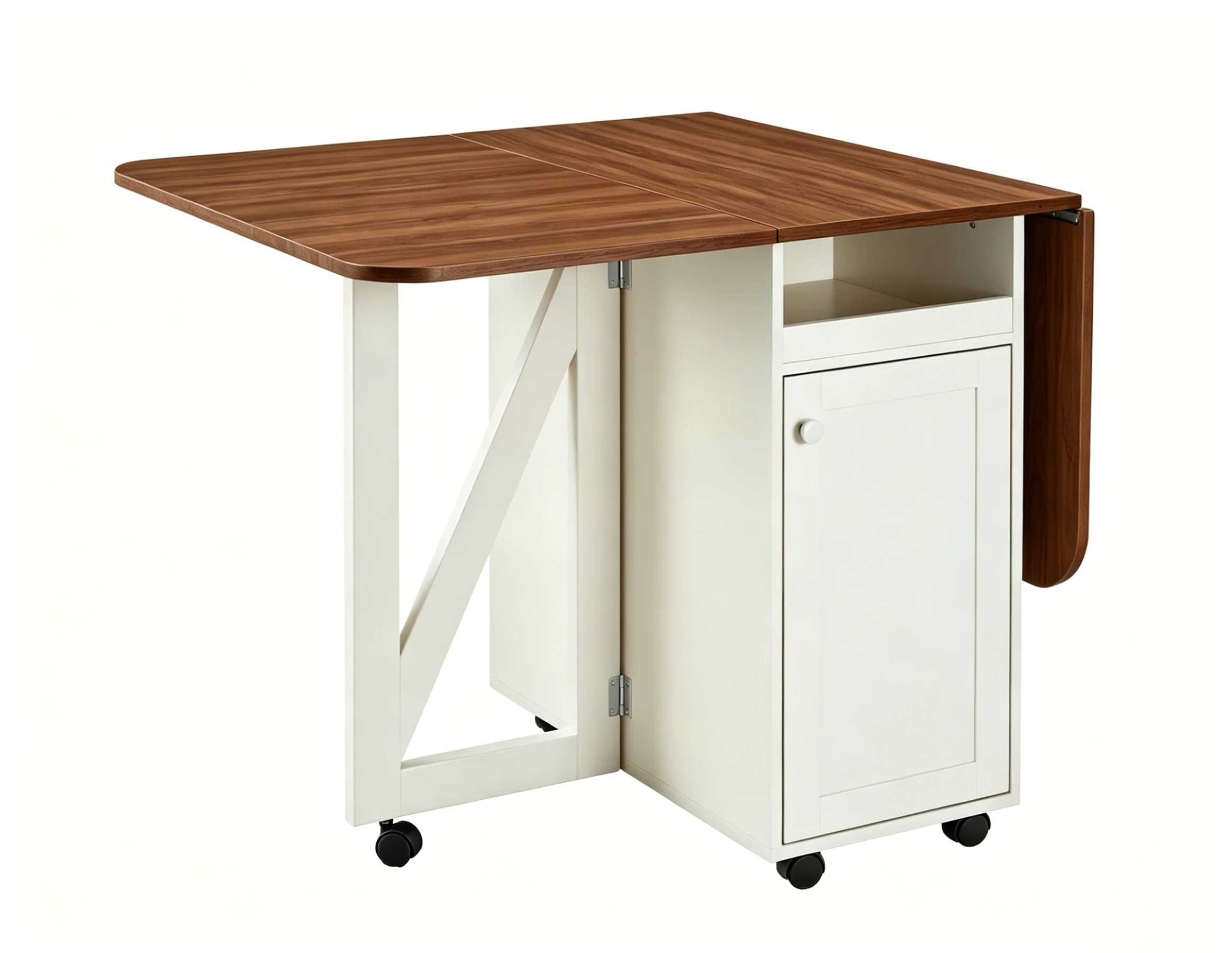 Rolling Kitchen Island Cart with Foldable Drop-Leaf Top, Storage Cabinet, Adjustable Shelf and Locking Wheels, Beige White and Walnut