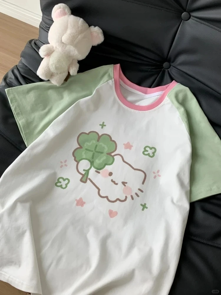 Summer Kawaii Cartoon Print Y2k Aesthetic Tees Women Japanese Grunge Loose Contrast Color Patchwork T-shirts Sweet Cute Tops New