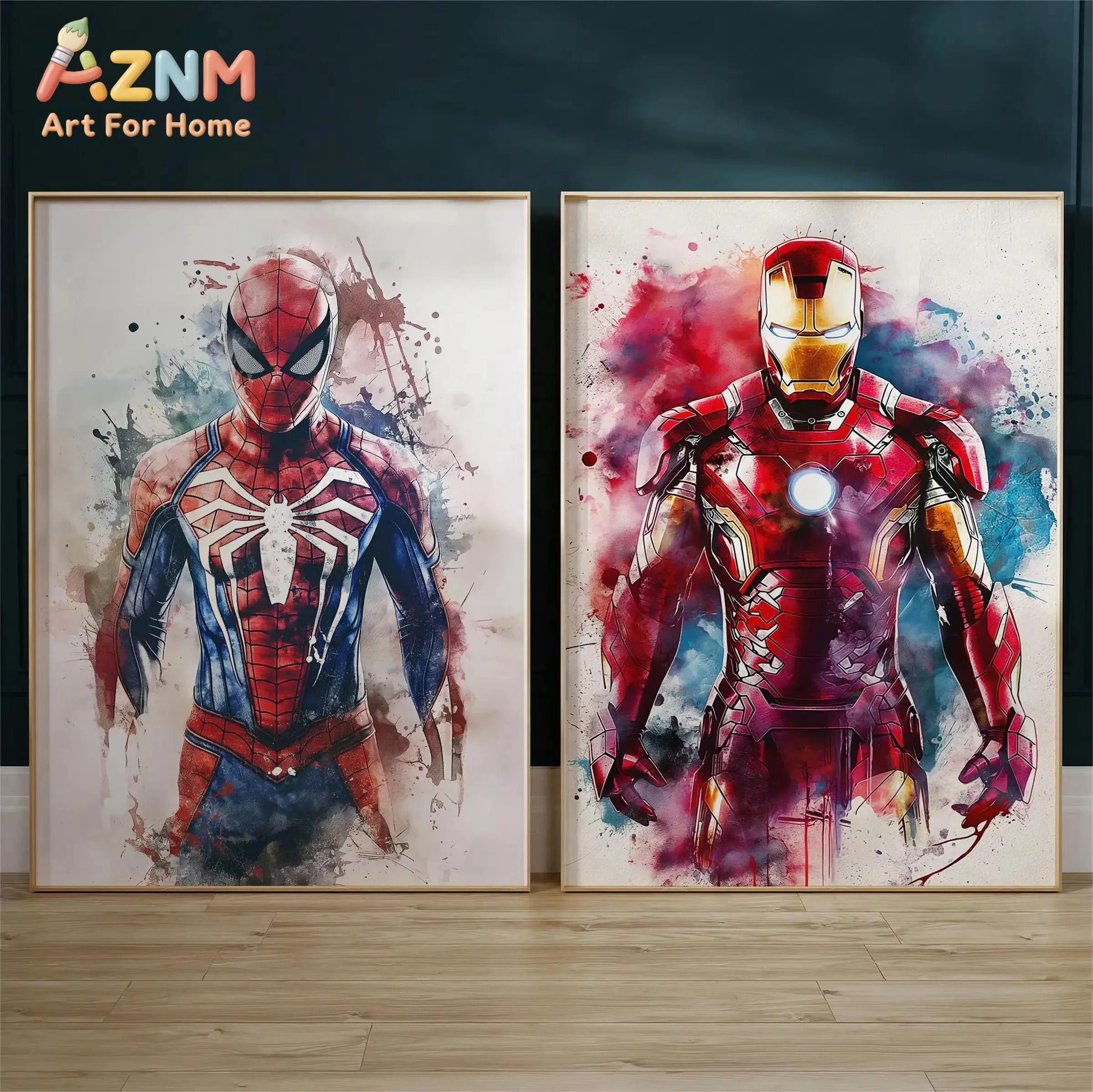 AZNM Watercolor Dripping Art Superheroes Prints Posters SpiderMan Iron Man Canvas Painting Marvel Wall Art for Kids Room