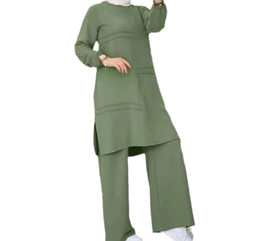Moyen-Orient Sle Long Sve irt et pantalon ensemble femme Faion automne Collection Polyester tissu rond Ne deux pièces costume