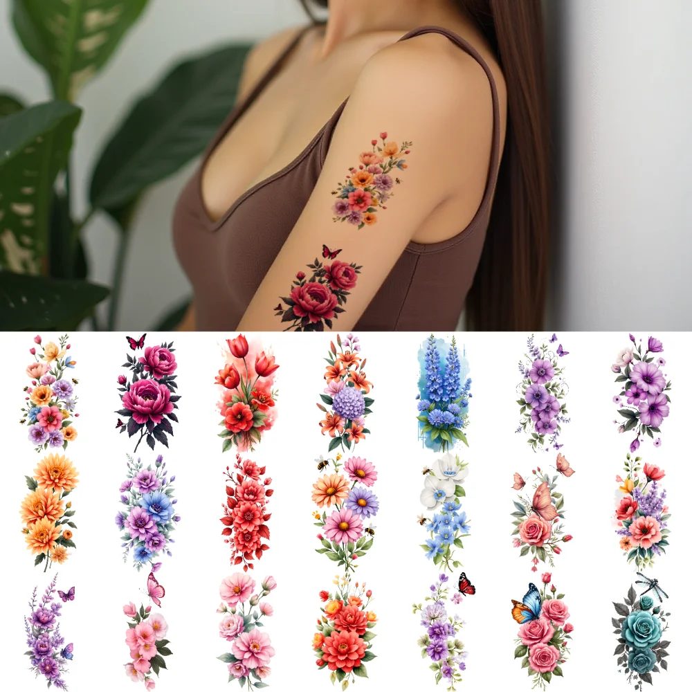 

9pcs Temporary Tattoo Lion Waterproof Long-lasting Body Stickers Blue Dragonfly Pink Peonies Colorful Blue Flowers For