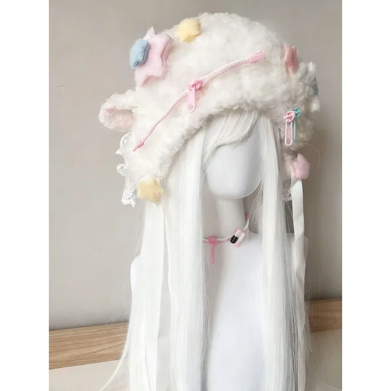 Y2K Cute Cartoon Lamb Hat Autumn Winter Japanese Keep Warm Zipper Star Decoration Harajuku Subculture Sweet Style Fluffy Cap