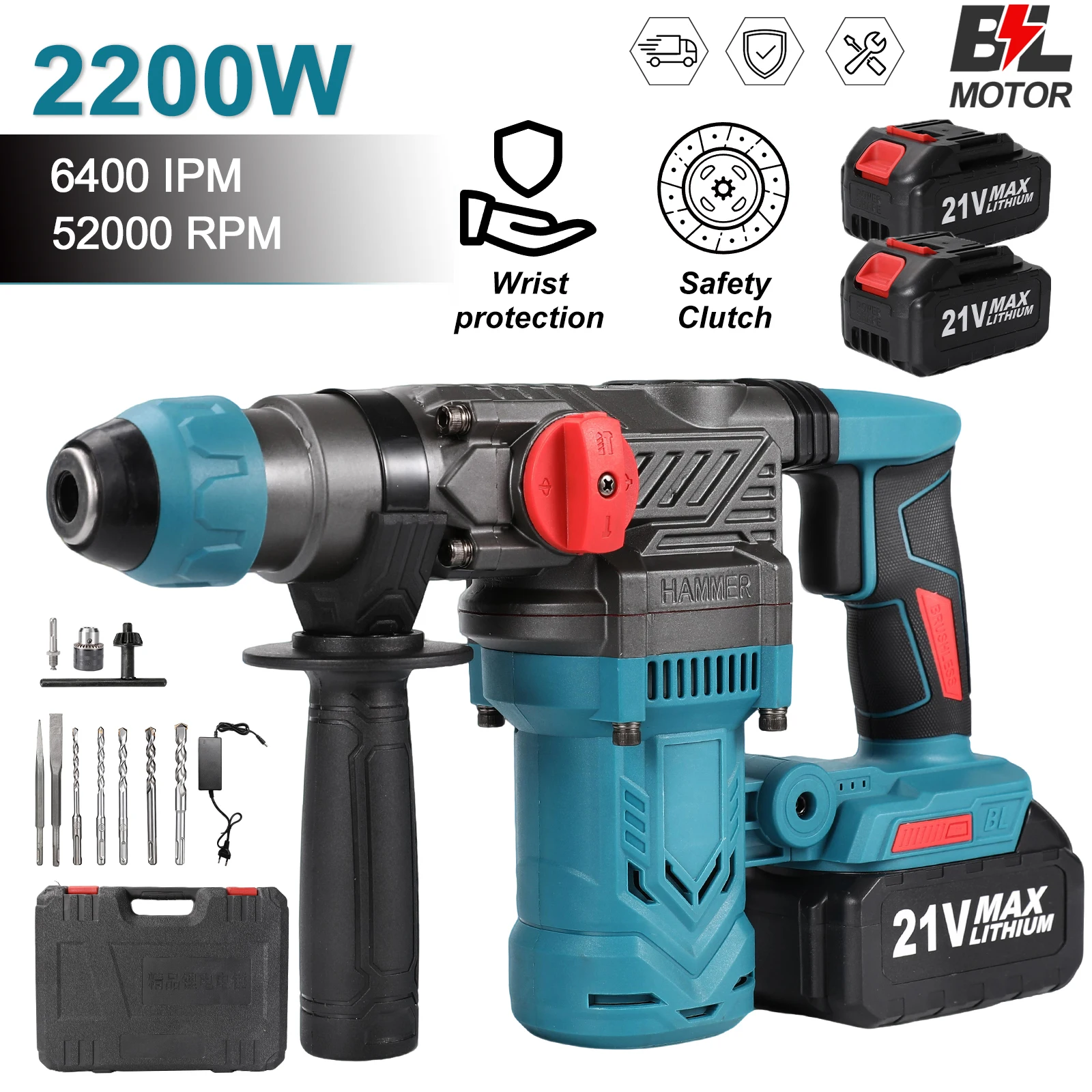 2200W Bürstenloser 26MM Elektro-Schlagbohrer Multifunktionaler Akku-Schrauber Rotationswerkzeug für Makita 18V Akku