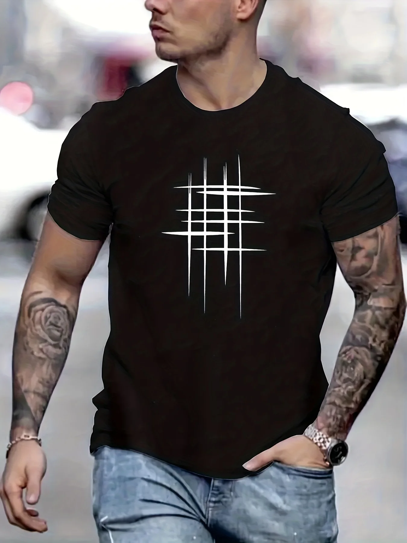 

Men's casual short sleeved T-shirt - round neck geometric black design summer style suitable for casual wear