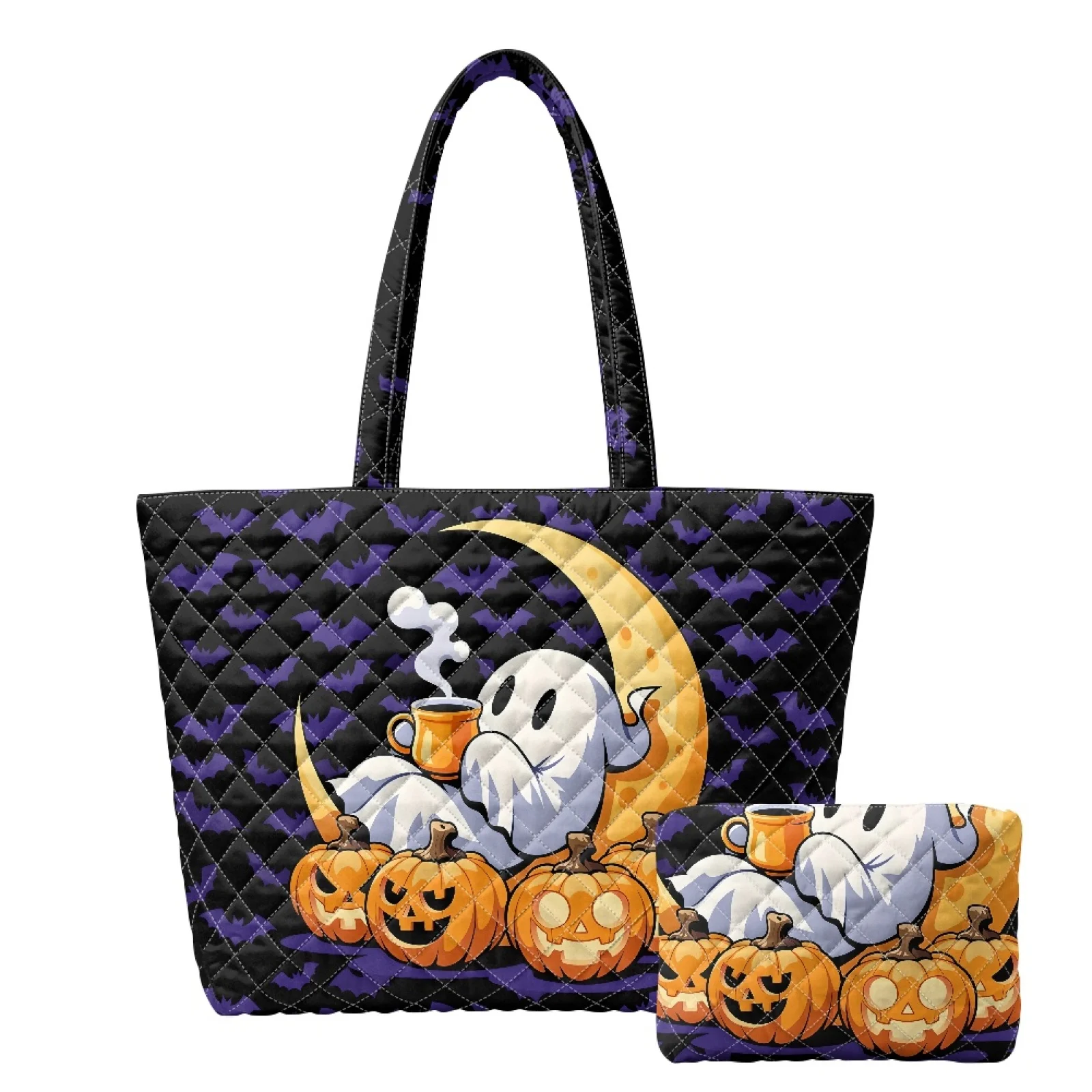 Coloranimal Halloween Set of 2 Quilted Shoulder Bag with Cosmetic Pouch, Lightweight Casual Bag for Work and Daily Excursions
