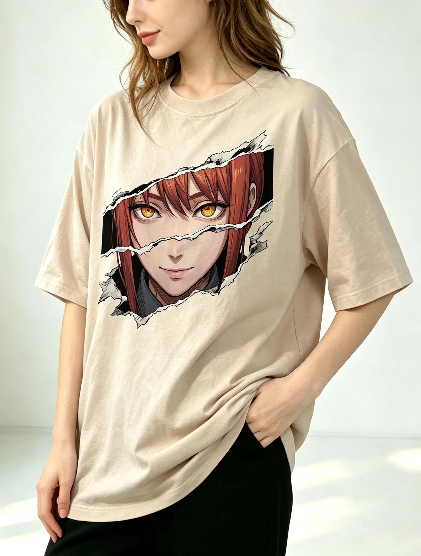 Vintage Chainsaw Man Makima Ripped Paper Style Anime Graphic Tee Cotton Mens Womens T-Shirt Summer Streetwear