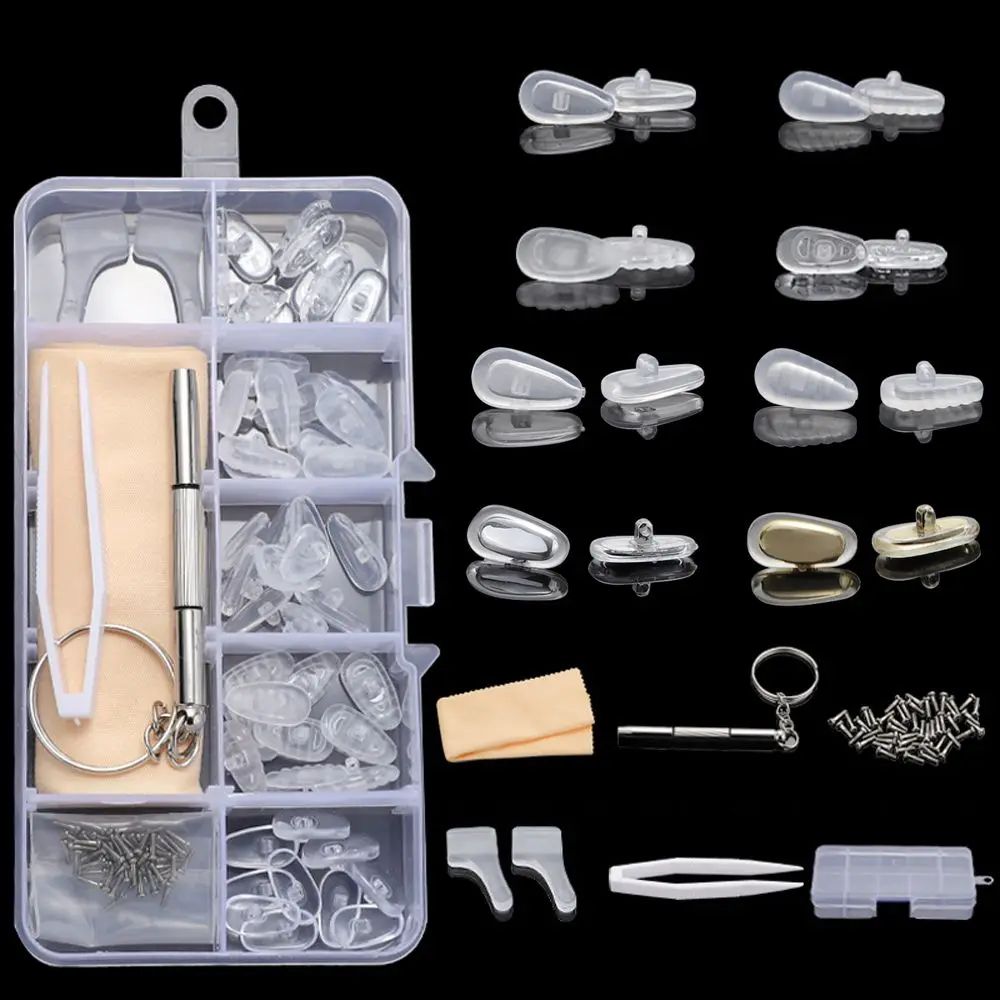 Tampons antarcteurs en silicone pour remplacement de lunettes optiques, pièces d'outils de réparation, kit assressenti, tournevis, pince à épiler, crochets d'oreille, 1 ensemble