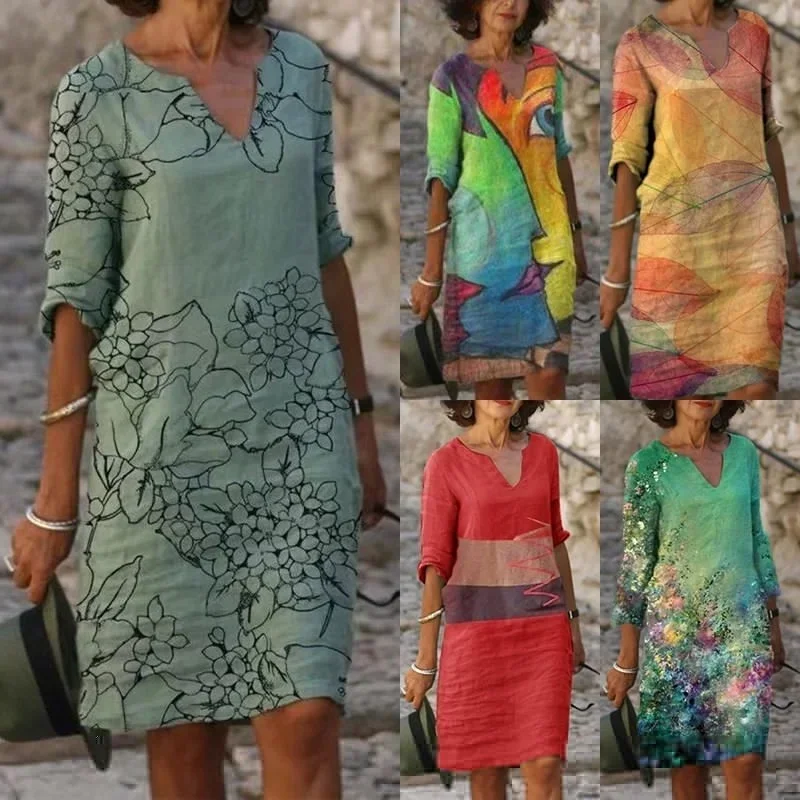 

XS-5XL Fashion Women Summer Casual Printing Dress V-Neck Half Sleeve A-Line Dresses Female Retro Litera Vintage Loose Dress